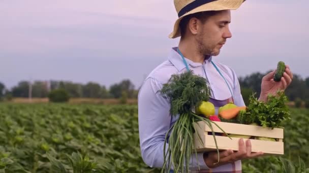 Agricultor Sosteniendo Verduras Frescas Maduras Comprobando Calidad Del Producto Oliendo — Vídeos de Stock