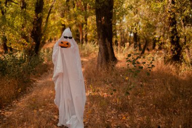 Elinde balkabağı tutan, çarşaflı ve siyah gözlüklü bir çocuk sonbahar ormanındaki hayalet kostümüne benziyor. Korkutucu ve korkutucu. Güzel, komik bir hayalet. Cadılar Bayramı Partisi