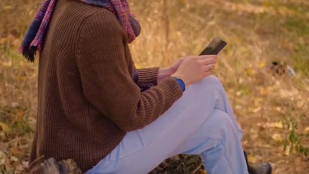 Tablet Hátizsák Utazik Természetben Erdőben Keresi Kaland Hétvégi Kirándulás Vagy — Stock videók