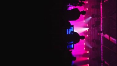 Zıplayan, el sallayan, fotoğraf çeken ya da canlı müzik konserinin videolarını açık hava festivalinde akıllı telefonlardan çeken insanların siluetleri. Parlak renkli sahne ışığı.