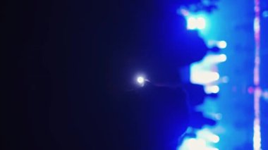 Zıplayan, el sallayan, fotoğraf çeken ya da canlı müzik konserinin videolarını açık hava festivalinde akıllı telefonlardan çeken insanların siluetleri. Parlak renkli sahne ışığı.