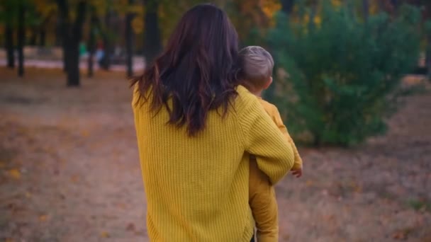 Мати Син Діляться Радісними Моментами Оточеними Золотими Відтінками Парку Ідеально — стокове відео