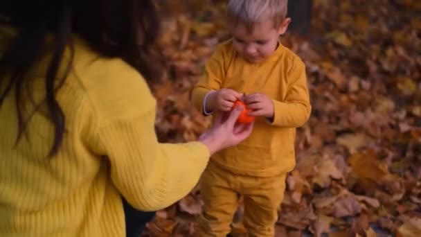 Una Madre Figlio Vestiti Con Costumi Halloween Gettano Giocosamente Foglie — Video Stock