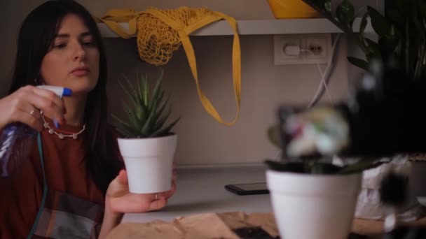 Floristin Kümmert Sich Zimmerpflanzen Gärtnert Besprüht Pflanzen Mit Wasser Konzept — Stockvideo