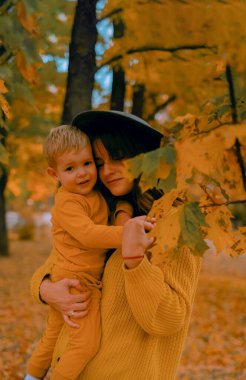Anne oğlunu neşeli bir sonbahar parkında döndürüyor. Aile hafta sonu eğlencesi ve açık havada kaynaşma. Sonbahar mevsiminde aşk ve kahkaha.