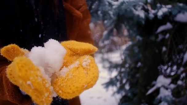 Mujer Juguetona Lanzando Bolas Nieve Invierno Nieve Cayendo Los Guantes — Vídeos de Stock