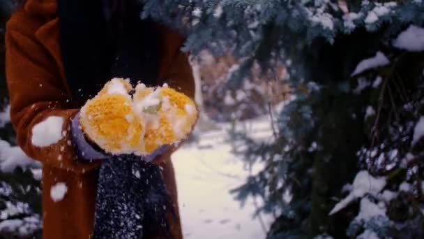 Mujer Juguetona Lanzando Bolas Nieve Invierno Nieve Cayendo Los Guantes — Vídeos de Stock