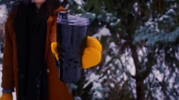 穿着棕色外套的旅行者在冬天的森林里拿着一个热水瓶 徒步旅行的人探索森林 欢庆圣诞的气氛 喜欢户外运动的女人 — 图库视频影像
