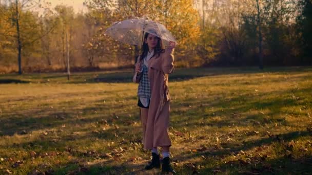 Egy Lány Esernyővel Pörög Egy Őszi Parkban Vidám Őszi Jelenet — Stock videók