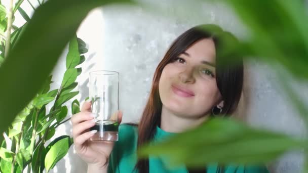Žena Drží Sklenici Chlorofylu Podporující Tělové Wellness Začněte Svůj Den — Stock video