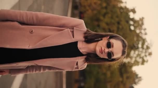 Girl Twirls Autumn Park Warm Day Enjoying Cheerful Atmosphere Embrace — Stock Video
