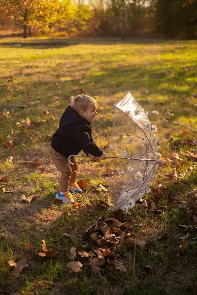 stock image A fair-haired boy holds a transparent umbrella, running and playing in the spring park under light rain. Advertisement for umbrellas, capturing the joy of spring showers and outdoor play.