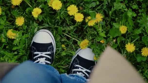 Ноги Ходят Зеленой Траве Черные Коды Посреди Зелени Празднование Весны — стоковое видео