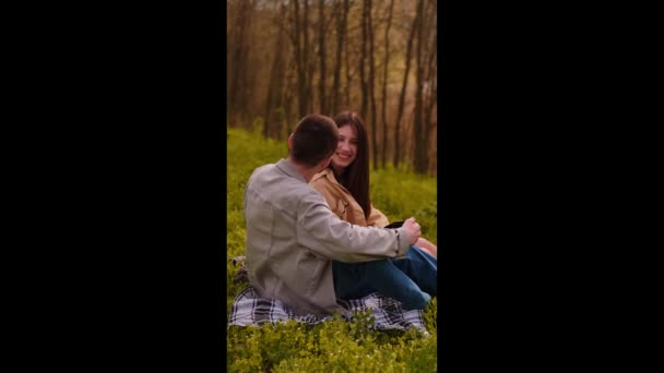 Girl Pours Hot Tea Thermos Cup Her Partner Camping Nature — Stock Video