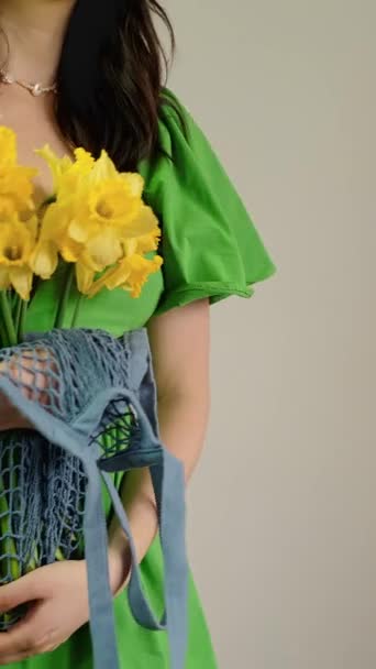 Florist Holds Packaged Floral Arrangement Tote Bag Packaging Concept Mother — Stock Video