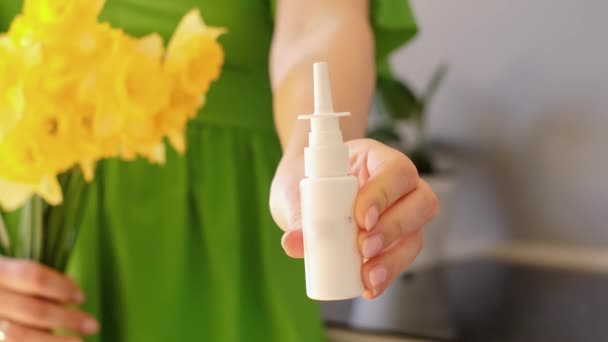 Close Hands Allergy Spray Flowers Background Effective Treatment Pollen Allergy — Stock Video