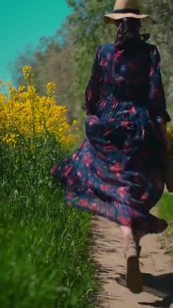 Junge Frau Läuft Einem Langen Kleid Auf Einem Feld Wirbt — Stockvideo