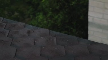 Tavan manzarası, sağanak yağmurlu dolu çatıya yağan dolu, şiddetli fırtına.. 