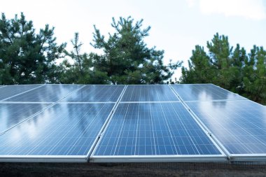 Yeşil bir park zeminine karşı güneş panelleri karbon emisyonları veya zararlı maddeler olmadan enerji üreterek çevresel etkiyi azaltır..