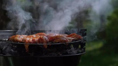 Kır evinde nefis bir açık hava rahatlaması et kaplama atmosferi ve orman ortamında ızgara et. Yüksek kalite 4k görüntü