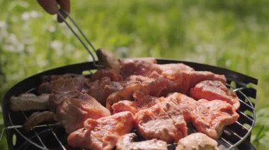 Izgara zengin aroma üzerinde sıcak biftekler ve doğadaki barbekü pişirme deneyimi dumanı. Yüksek kalite 4k görüntü