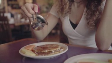 Delicious breakfast pancakes in the cafe