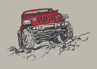 Off-road macera aracı. El boyası biçim vektör illüstrasyonu