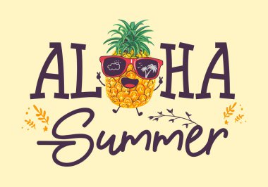 Aloha summer inscription with pineapple illustration wearing sunglasses clipart