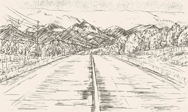 Χειροποίητο Σκίτσο Βουνού Φαρδύ Δρόμο Μπροστά Του — Διανυσματικό Αρχείο