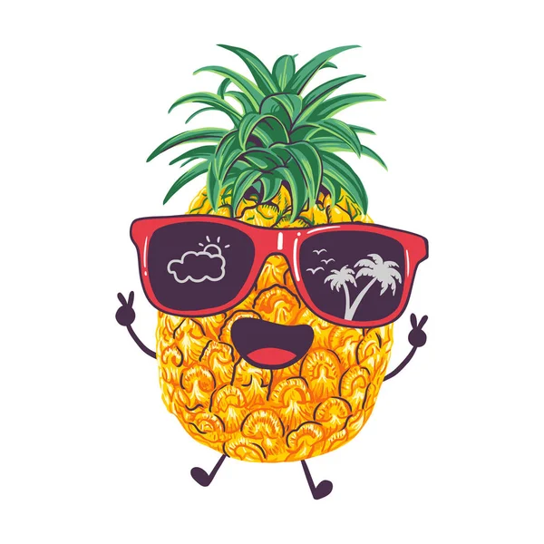 Cute Pineapple Wearing Sunglasses Cartoon Vector Illustration Summer Fruit Clipart — Stock Vector