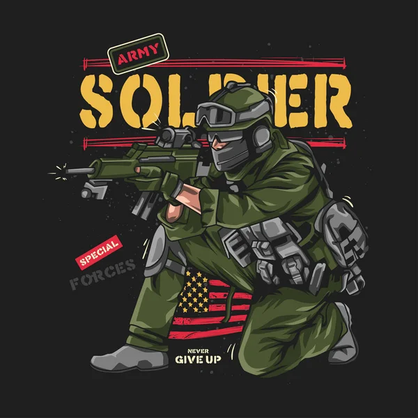 Soldato Sta Puntando Pistola Illustrazione Vettoriale Del Patriottismo — Vettoriale Stock