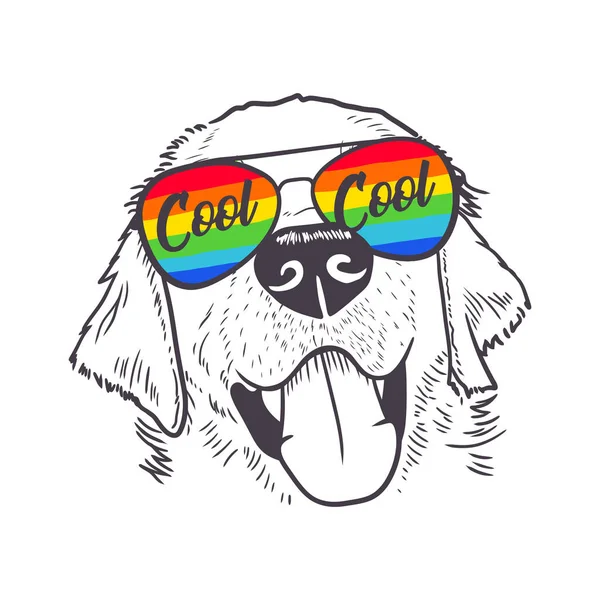 Cooler Hund Mit Regenbogenbrille Handgezeichnete Linie Kunst Illustration — Stockvektor