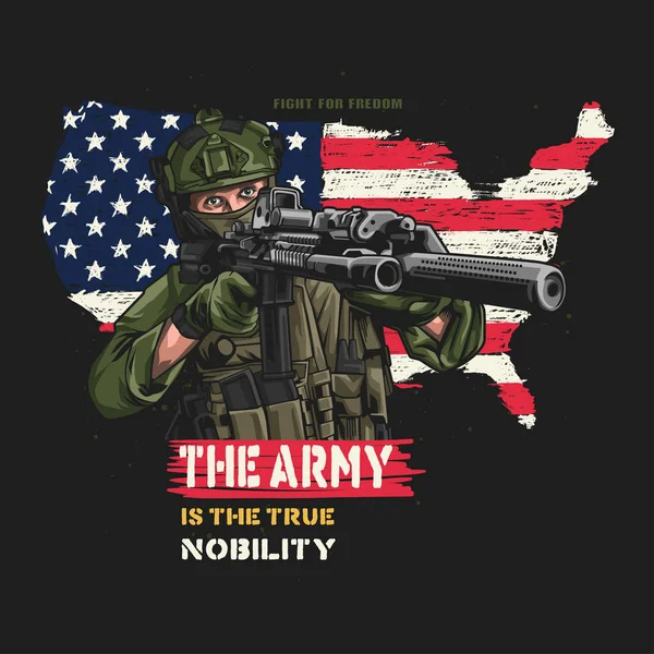Soldat Mit Waffe Vor Dem Hintergrund Der Flagge Vektorillustration — Stockvektor