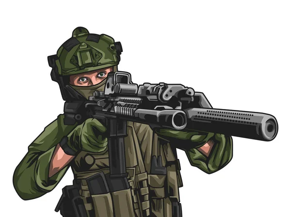 Mužský Voják Míří Pistolí Dopředu Vektorová Ilustrace Patriotismu — Stockový vektor