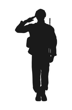 Asker silueti vektörünü selamlamak, askeri adam konsepti. Beyaz arkaplanda