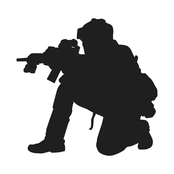 Military Soldier Aiming Weapon Silhouette — Stock Vector