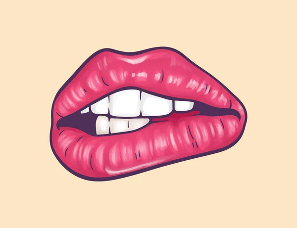 Sexy Red Lips Biting Women Mouth Vector Illustration — Stock Vector
