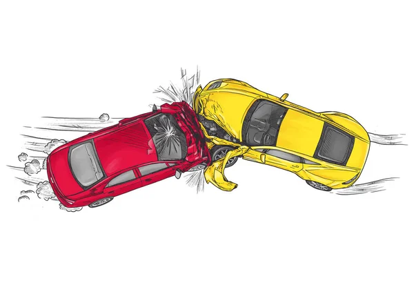 2台の車が衝突し 互いに正面から描かれたスタイルのベクトル図に衝突した 車のクラッシュバナー — ストックベクタ
