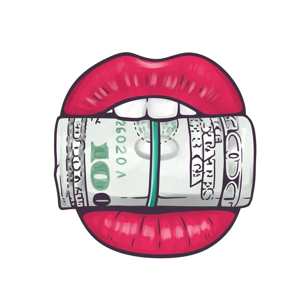 Lábios Vermelhos Sexy Mordendo Rolo Dinheiro Ilustração Dos Desenhos Animados — Vetor de Stock