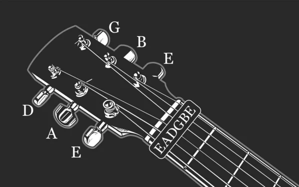 Afinación Guitarra Ilustración Vectorial Blanco Negro Sobre Fondo Negro — Vector de stock