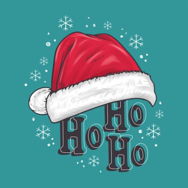 Ho Ho Ho, Noel Baba şapkalı mesaj. Noel tebrik kartı, davetiye. Yağan karla. Vektör illüstrasyonu