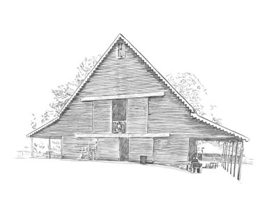 Old barn. Hand drawn pencil drawing illustration
