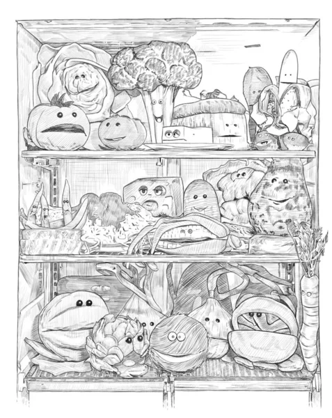 Fridge full of cartoon fruits and vegetables. pencil drawing illustration