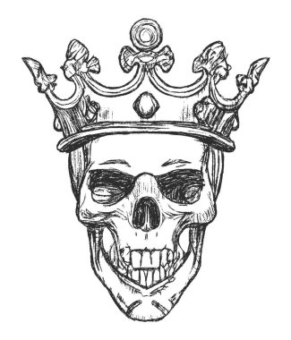 Taç takan el çizimi kral kafatası. Vektör illüstrasyonu siyah siluet