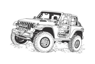 Open roof vehicle for adventure. Vector line art illustration