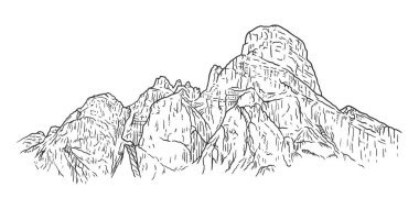 Rocky alpine mountain scenery landscape, ink sketch style isolated on white background