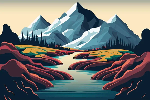 Mountain landscape with river and tree\'s, beautiful mountain minimalist vector art