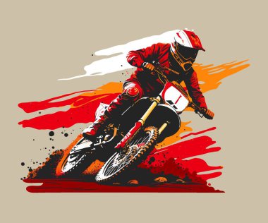 Motocross rider drive on roads full of dirt and mud. Vector illustration