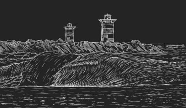 A Lighthouse On A Rocky Shore And some waves. Hand Drawn Sketch