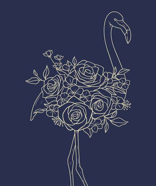Flamingo Vogel Mit Floraler Linie Kunst Vektor Illustration — Stockvektor